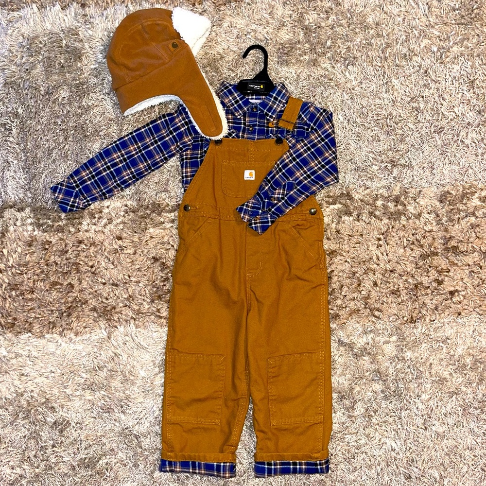 3T Carhartt Kids’ Flannel Lined Canvas Bib Overall - 3 Piece Set